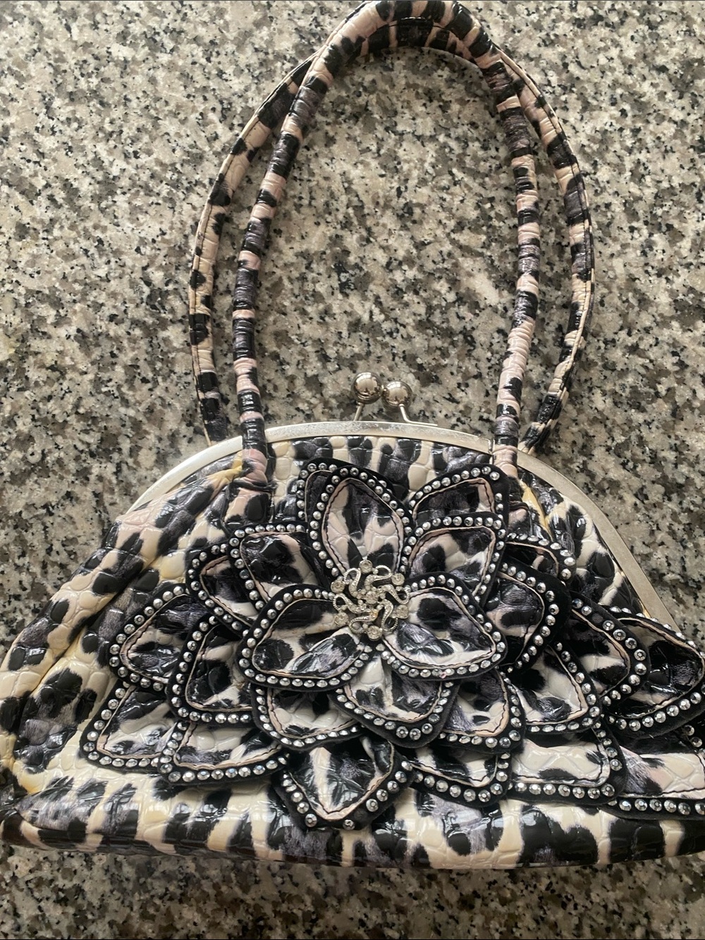 Embellished Floral Accent Black and Cream Women’s Evening Bag